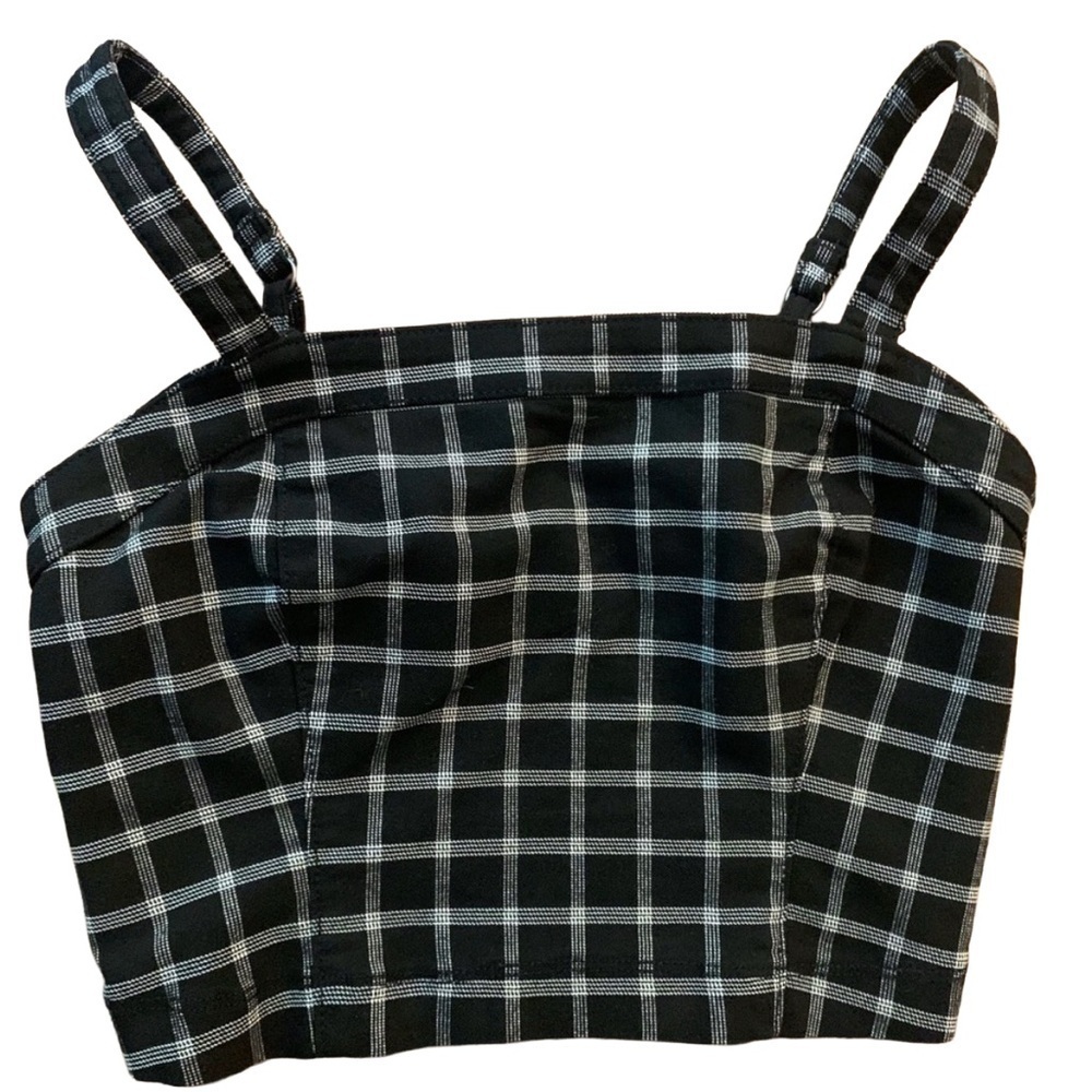 Hollister Black/White Plaid Checked Cropped Tank Adj Straps Smocked Back Size XS